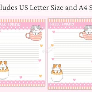 May include: Two printable stationery sheets with pink and white stripes, a pink border, and a white background. Each sheet features a cartoon cat in a teacup. The text "Hello Friend" is at the top of each sheet.
