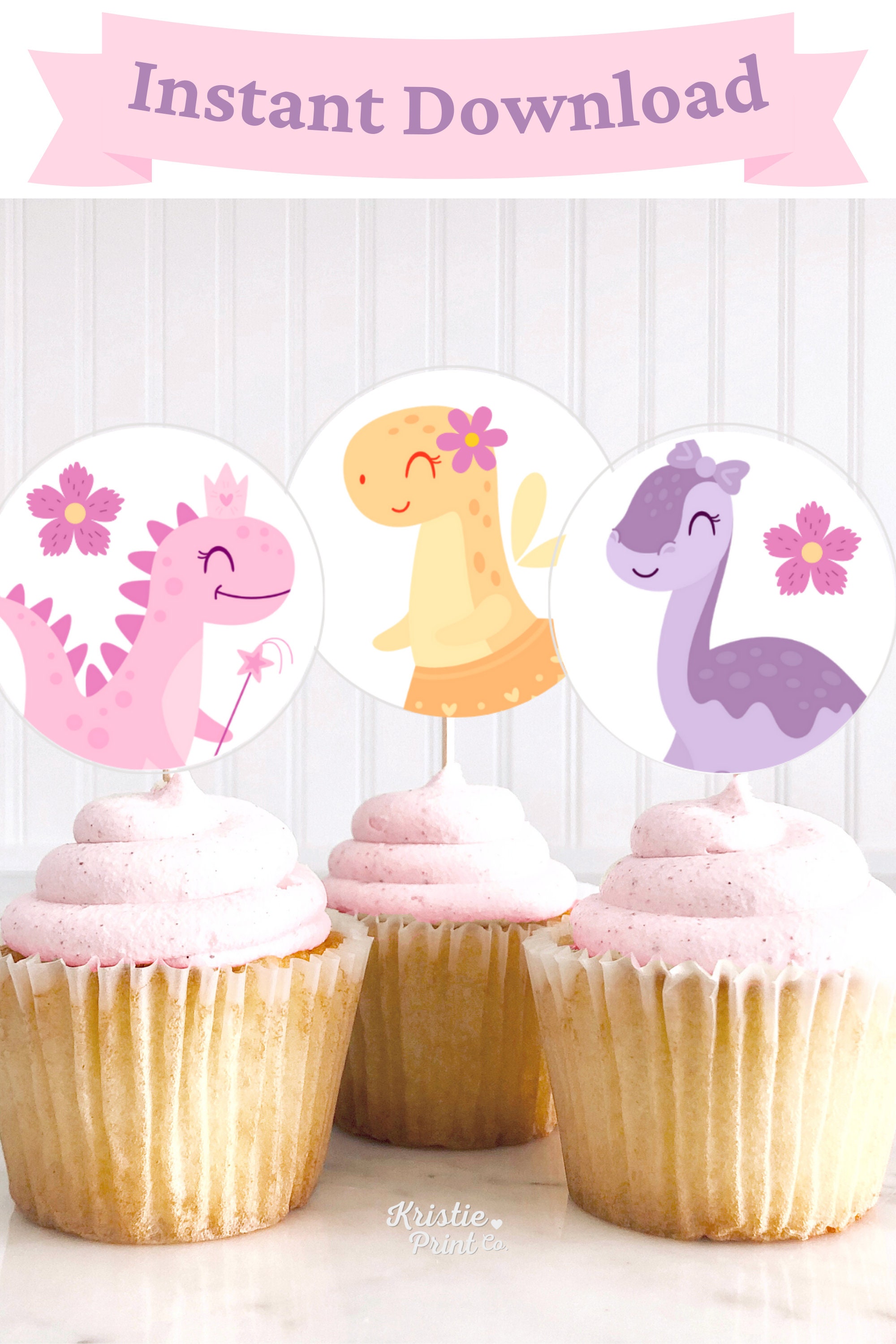 Dinosaur Cupcake Topper Girl Pastel Dinosaur Cupcake Toppers Three Rex ...