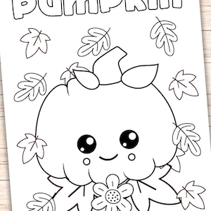 May include: A black and white line drawing of a smiling pumpkin with a flower and leaves. The word "pumpkin" is written at the top of the page.