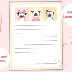 Estacionario Pug, Papelería Kawaii, Papelería para perros para niños, Papelería para niños lindos, Papelería forrada para niños, Sin forro, Papelería imprimible