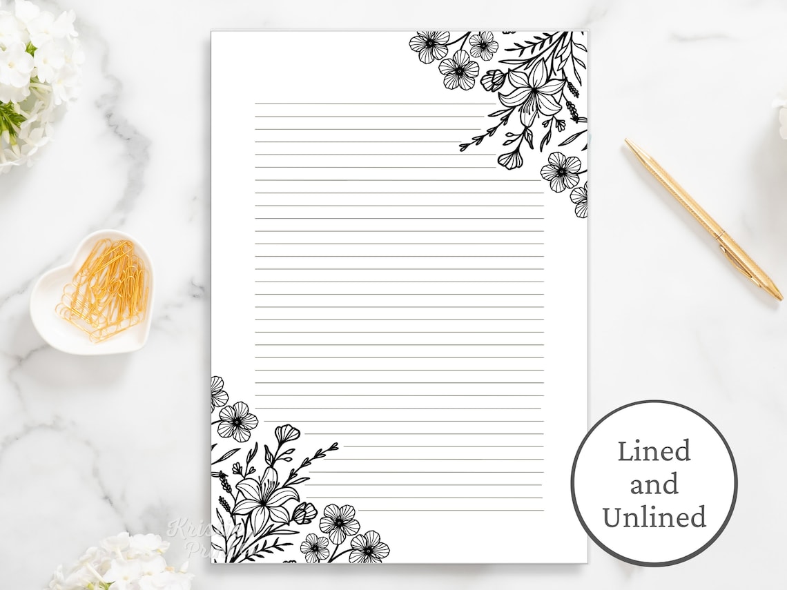 Black and White Floral Lined Paper Printable Stationery - Etsy