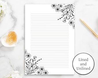 Black and White Floral Lined Paper, Printable Stationery Paper, Journal Paper, Digital Download Stationary Paper, Minimalist, Penpal Letter