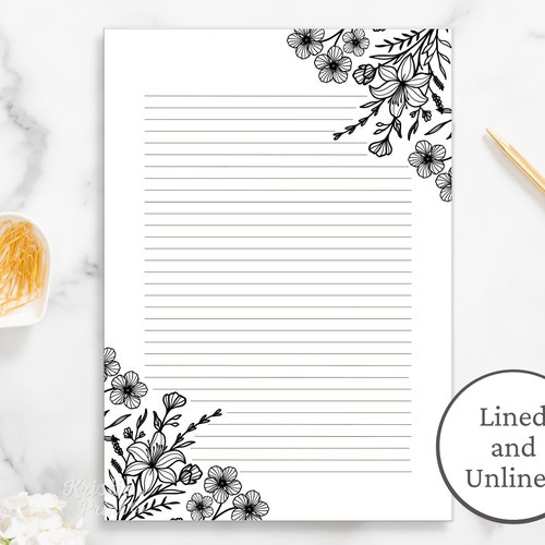 Black and White Floral Lined Paper Printable Stationery - Etsy