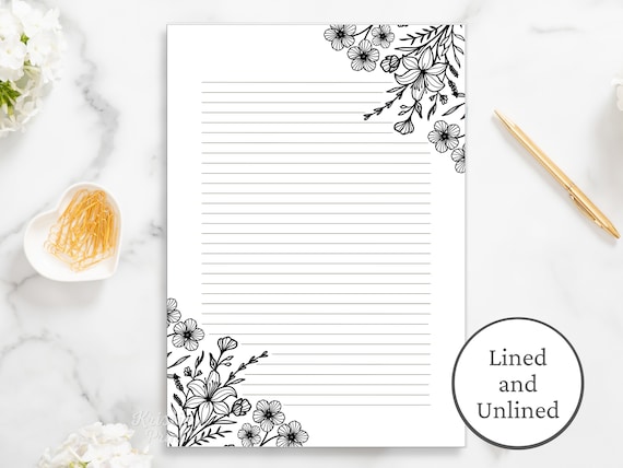 Black and White Floral Lined Paper, Printable Stationery Paper, Journal  Paper, Digital Download Stationary Paper, Minimalist, Penpal Letter 