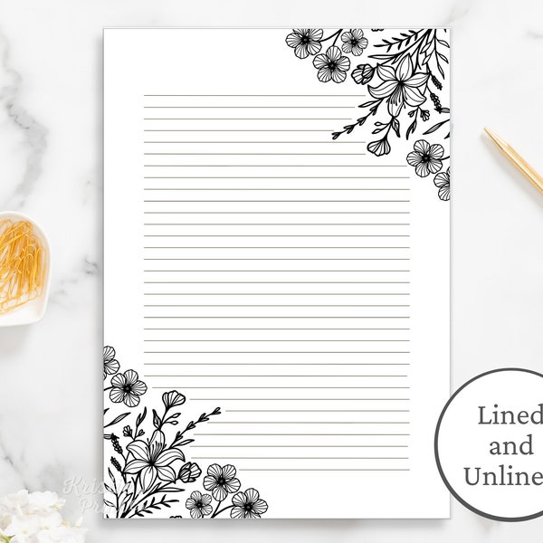 Black and White Floral Lined Paper, Printable Stationery Paper, Journal Paper, Digital Download Stationary Paper, Minimalist, Penpal Letter