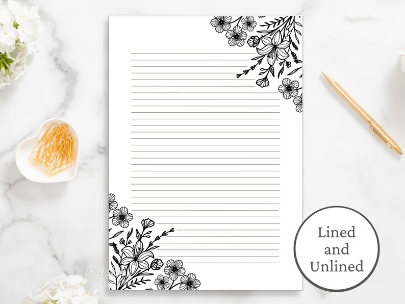 May include: Printable lined and unlined stationery paper with a black and white floral design in the corners.