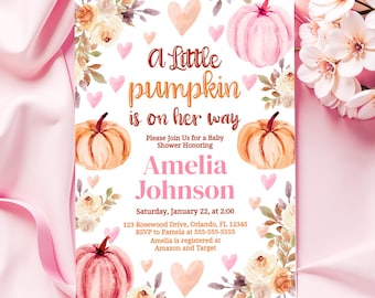 Pumpkin Baby Shower Girl Pink Invitation A Little Pumpkin Baby Shower Invite Pink Pumpkin Invite Autumn Baby Shower Invite Girl Baby PN7