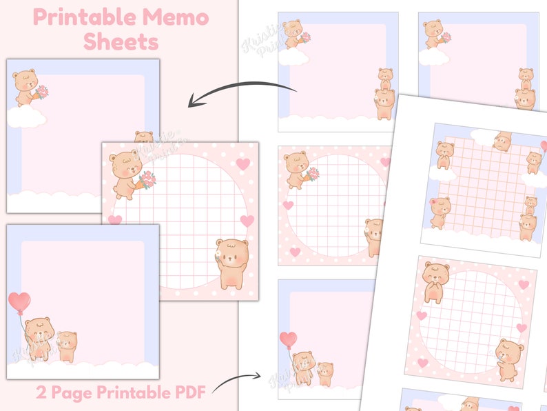 Kawaii Memo Pad, Printable Memo Pad PDF, Bear Memo, Cute Printable ...