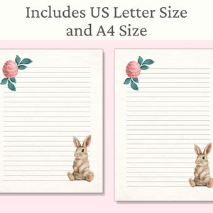 Pu&ograve; includere: Due fogli di carta da lettere stampabili con un coniglio marrone e un fiore rosa con foglie verdi. Il testo "Includes US Letter Size and A4 Size" &egrave; in alto nell'immagine.