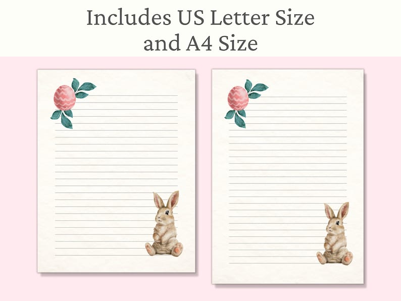 Pu&ograve; includere: Due fogli di carta da lettere stampabili con un coniglio marrone e un fiore rosa con foglie verdi. Il testo "Includes US Letter Size and A4 Size" &egrave; in alto nell'immagine.