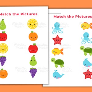 May include: A printable worksheet with two columns of images. The left column has fruit and vegetable images: a pear, an apple, a lemon slice, grapes, and an orange. The right column has sea creature images: an octopus, a starfish, a fish, a turtle, a whale, and a starfish.
