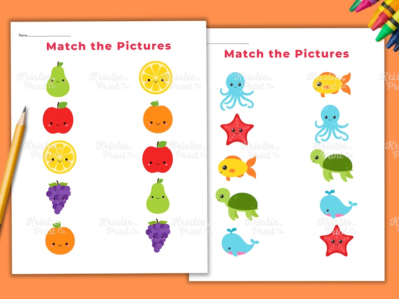 May include: A printable worksheet with two columns of images. The left column has fruit and vegetable images: a pear, an apple, a lemon slice, grapes, and an orange. The right column has sea creature images: an octopus, a starfish, a fish, a turtle, a whale, and a starfish.