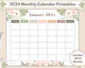 Boho Calendar 2024, Monthly Calendar Printable, Sunday Start Planner, Printable Calendar Template, Horizontal Calendar, Modern Calendar 2024