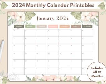 Boho Calendar 2024, Monthly Calendar Printable, Sunday Start Planner, Printable Calendar Template, Horizontal Calendar, Modern Calendar 2024