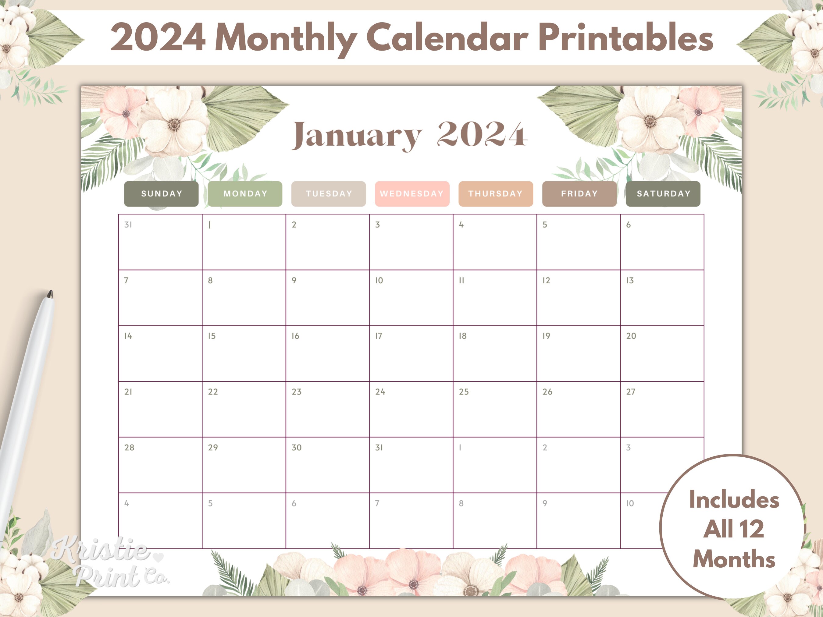 Boho Calendar 2024, Monthly Calendar Printable, Sunday Start Planner