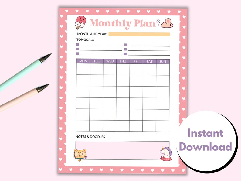 May include: A pink printable monthly planner with a cute ice cream cone and mouse illustration. The planner has sections for month and year, top goals, notes and doodles, and a calendar grid with days of the week labelled. The text "Monthly Plan" is at the top of the page.