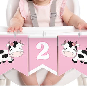 Editable Cow Birthday Banner Moo Moo I&#39;m Two Party High Chair Bunting Farm Birthday Girl Barn Animals Barnyard Cow Template Printable COWB1