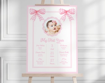 Classic Pink and White First Birthday Milestone Poster Pink Bow Birthday Pink Bow Party Girl First Birthday Pink Girl Birthday Bow PINK1