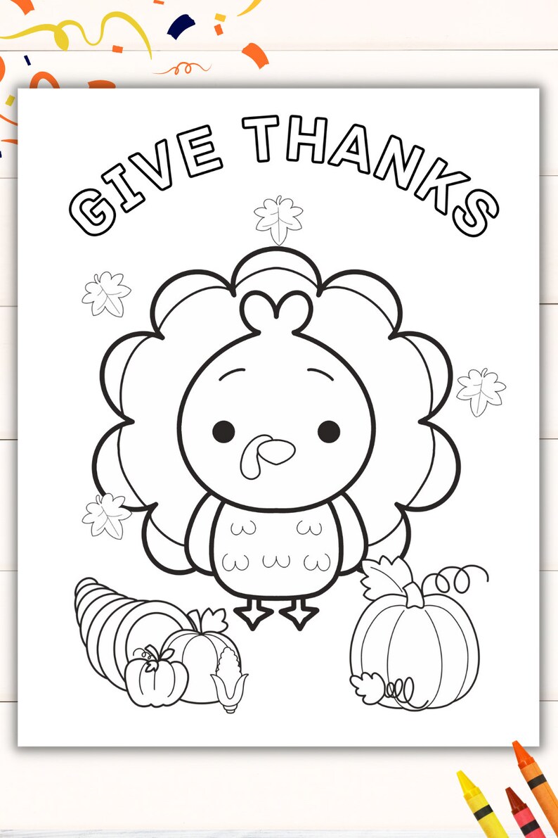 May include: A black and white coloring page featuring a cartoon turkey with the text "GIVE THANKS" at the top. The turkey is surrounded by fall leaves, a cornucopia, and pumpkins.