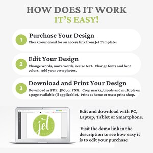 Puede incluir: Una gu&iacute;a de tres pasos sobre c&oacute;mo comprar, editar y descargar una plantilla de dise&ntilde;o. Los pasos est&aacute;n numerados del 1 al 3. Cada paso est&aacute; descrito en un rect&aacute;ngulo blanco con un c&iacute;rculo verde que contiene el n&uacute;mero. La gu&iacute;a incluye una captura de pantalla de una pantalla de ordenador que muestra una plantilla de dise&ntilde;o con el texto "Edit with Jet Template".