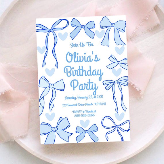 Blue Bow Theme Birthday Invite Blue Bow Birthday Bow Invite Coquette Bow Birthday Girl Birthday Invite Coquette Birthday Invitation Cute BB4