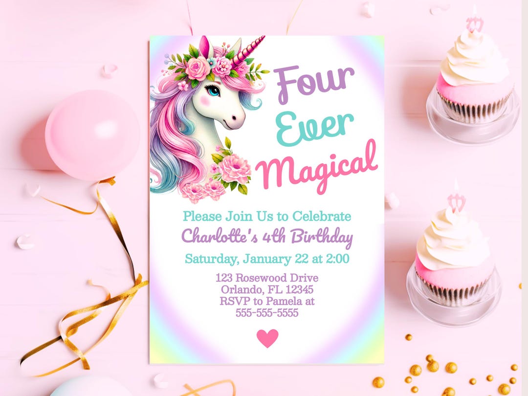 Four Ever Magical Unicorn Invitation Girls 4th Birthday Invitation ...