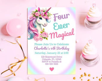 Inbjudan till Four Ever Magical Unicorn, mall för flickors 4-årsdag, inbjudan till pastellfärgad enhörningsfest, regnbågsinbjudan för enhörning, redigerbar 4EM