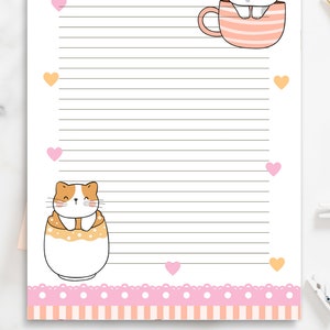May include: Printable letter writing paper with a pink and white striped border. The paper features a pink and white striped mug with a grey cat inside and a white mug with an orange cat inside. The text "HELLO FRIEND" is at the top of the page.