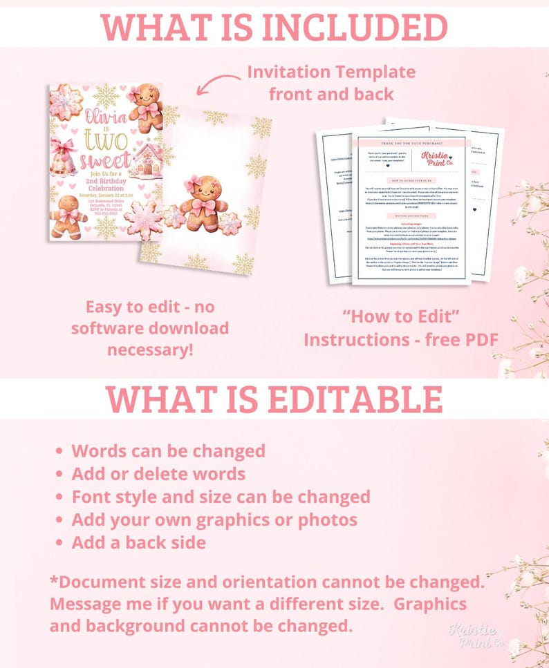 May include: Editable invitation template for a girl's second birthday party with a gingerbread theme. The front of the invitation features a gingerbread house and gingerbread people. The back of the invitation includes instructions on how to edit the template. The text on the invitation reads "Olivia is two sweet".