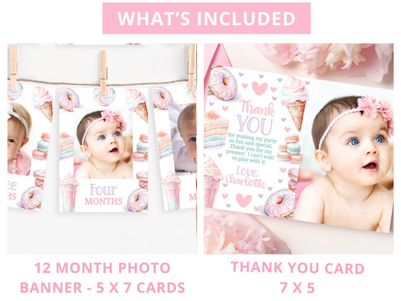Sweet One Birthday Bundle Sweet One Party 1St Birthday Bundle Girl First Birthday Decor Editable Templates Ice Cream Donut Invitation SWE1 image 7