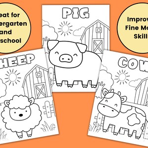 Puede incluir: P&aacute;ginas para colorear en blanco y negro con un cerdo, una oveja y una vaca. Cada animal est&aacute; en un entorno de granja con un granero y una cerca. El texto "PIG", "SHEEP" y "COW" est&aacute; en la parte superior de cada p&aacute;gina. El texto "Great for Kindergarten and Preschool" est&aacute; en la parte superior izquierda de la imagen. El texto "Improves Fine Motor Skills" est&aacute; en la parte superior derecha de la imagen.