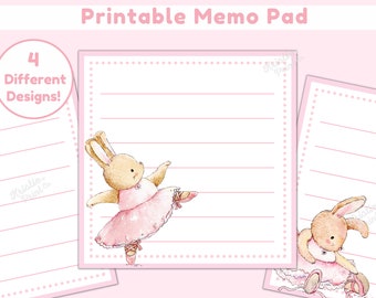 Ballet Printable Memo Pad, Bunny Memo Sheets, Cute Printable Notepad, Pink Stationery Printable, Cute Stationery Printables, Little Girls
