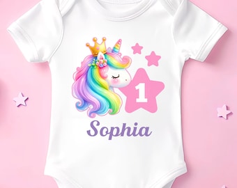 Personalized Unicorn First Birthday Shirt Girl Baby Bodysuit Unicorn Name Shirt Girls Custom 1st Birthday Shirt Unicorn Birthday Outfit