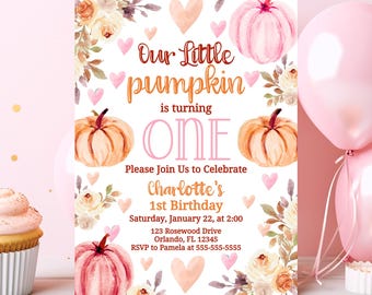 Little Pumpkin Turning One Invitation Our Little Pumpkin 1St Birthday Pumpkin Invitation Girl First Birthday Fall Birthday Party 1st PN6