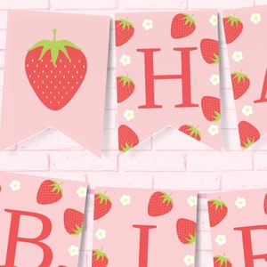 Happy Birthday Banner Strawberries Birthday Bunting Strawberry Birthday Banner Printable Strawberry Decor Berry Sweet Party Berry 1St STRAW2