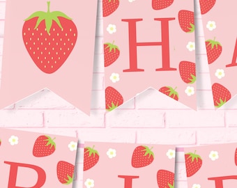 Happy Birthday Banner Strawberries Birthday Bunting Strawberry Birthday Banner Printable Strawberry Decor Berry Sweet Party Berry 1St STRAW2