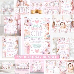 Sweet One Birthday Bundle Sweet One Party 1St Birthday Bundle Girl First Birthday Decor Editable Templates Ice Cream Donut Invitation SWE1