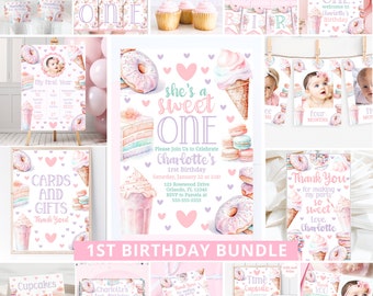 Sweet One Birthday Bundle Sweet One Party 1St Birthday Bundle Girl First Birthday Decor Editable Templates Ice Cream Donut Invitation SWE1