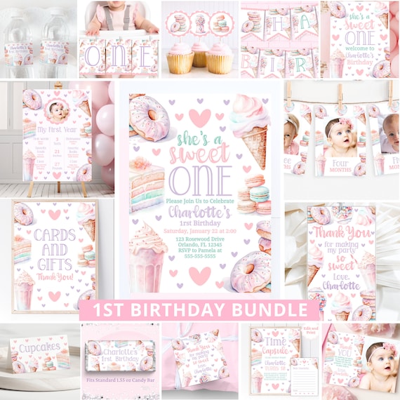 Sweet One Birthday Bundle Sweet One Party 1St Birthday Bundle Girl First Birthday Decor Editable Templates Ice Cream Donut Invitation SWE1