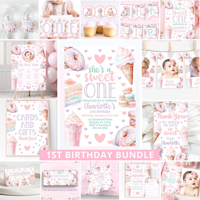 Sweet One Birthday Bundle Sweet One Party 1St Birthday Bundle Girl First Birthday Decor Editable Templates Ice Cream Donut Invitation SWE1 image 1