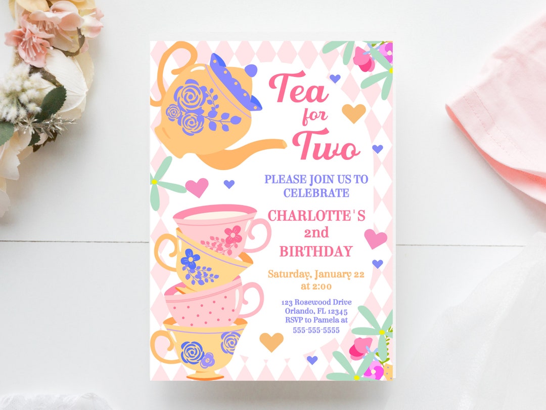 Editable Tea for Two Party Invitations Tea Party Birthday Floral Tea