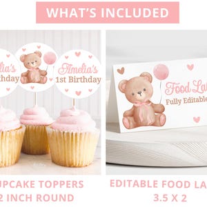 May include: A set of printable party decorations featuring a cute teddy bear with a pink balloon. The set includes cupcake toppers with a 2 inch round design and editable food labels that are 3.5 inches by 2 inches. The labels are fully editable, allowing you to personalize them with your own text.