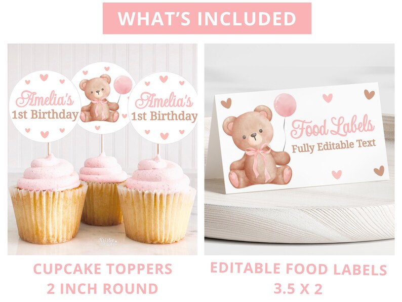 May include: A set of printable party decorations featuring a cute teddy bear with a pink balloon. The set includes cupcake toppers with a 2 inch round design and editable food labels that are 3.5 inches by 2 inches. The labels are fully editable, allowing you to personalize them with your own text.