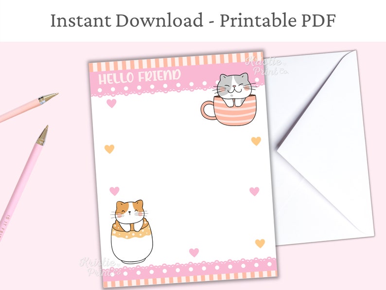 May include: Printable pink and white card with a pink and white striped border. The card says "Hello Friend" and features two cartoon cats in teacups. One cat is grey and white, and the other is orange and white.