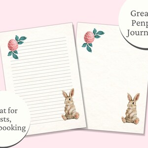 Pu&ograve; includere: Due fogli di carta da lettere stampabili con carta rigata, che presentano un'illustrazione ad acquerello di un coniglio e un fiore rosa. Il testo "Ideale per elenchi, scrapbooking" appare su un foglio e "Ideale per corrispondenti, diario" appare sull'altro.