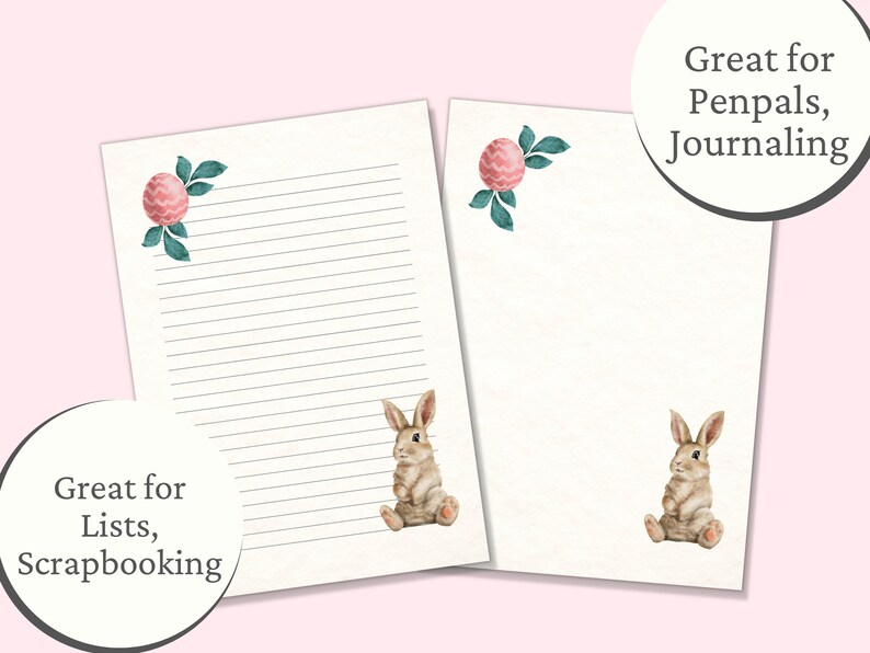 Pu&ograve; includere: Due fogli di carta da lettere stampabili con carta rigata, che presentano un'illustrazione ad acquerello di un coniglio e un fiore rosa. Il testo "Ideale per elenchi, scrapbooking" appare su un foglio e "Ideale per corrispondenti, diario" appare sull'altro.