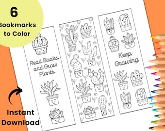 May include: Six black and white printable bookmarks featuring cute cactus and succulent illustrations. The bookmarks have text that reads "Read Books and Grow Plants" and "Keep Growing".