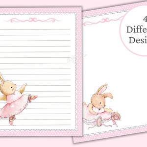 May include: Four printable stationery designs featuring a pink and brown bunny ballerina. Each design has a pink polka dot border and a lined writing area.