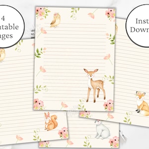 Woodland Stationary, Digital Note Paper, Télécharger, Papier à lettres, Cerf, Renard, Lapin, Hibou, Écureuil, Ensemble de papeterie imprimable, Lettres Penpal