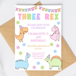 Pastel Dinosaur Birthday Invitation Three Rex Invitation Girl Dinosaur Party 3 Rex Birthday 3rd Birthday Dinosaur Birthday Girl Dino DIN1
